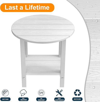 MXIMU Round Outdoor Side Table Adirondack Tables 18 Inch Chairside End Tables with Storage Shelf, 2-Tier Plastic Patio Side Table for Balcony Backyard Lawn (White, 1 Pack)