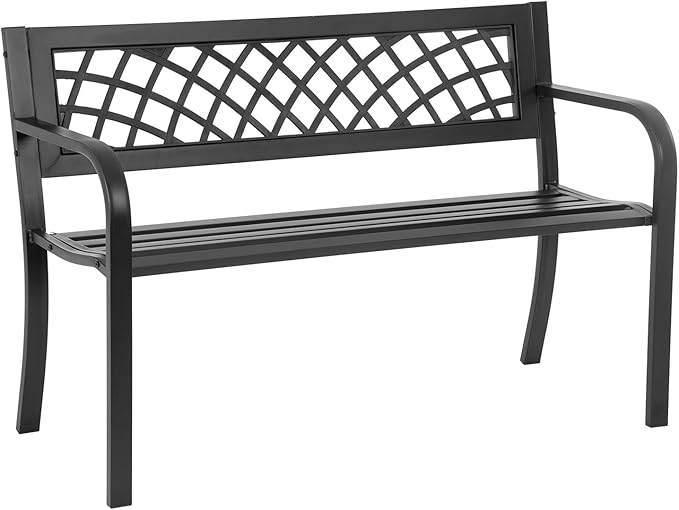 BestMassage Outdoor Garden Bench,Iron Steel Frame Patio Bench with Mesh Pattern and Plastic Backrest Armrests for Porch,Lawn,Garden,Park,Yard,Black