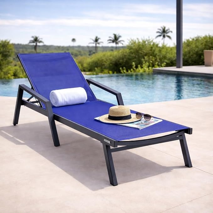 LeisureMod Marlin Patio Chaise Lounge Chair, Adjustable Outdoor Black Aluminum Lounge with Breathable Mesh Sling Back, Lightweight Poolside Reclining Sun Lounger Weather & UV Resistant (Navy Blue)