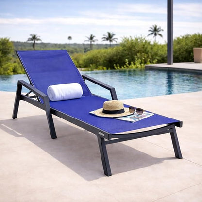 LeisureMod Marlin Patio Chaise Lounge Chair, Adjustable Outdoor Black Aluminum Lounge with Breathable Mesh Sling Back, Lightweight Poolside Reclining Sun Lounger Weather & UV Resistant (Navy Blue)