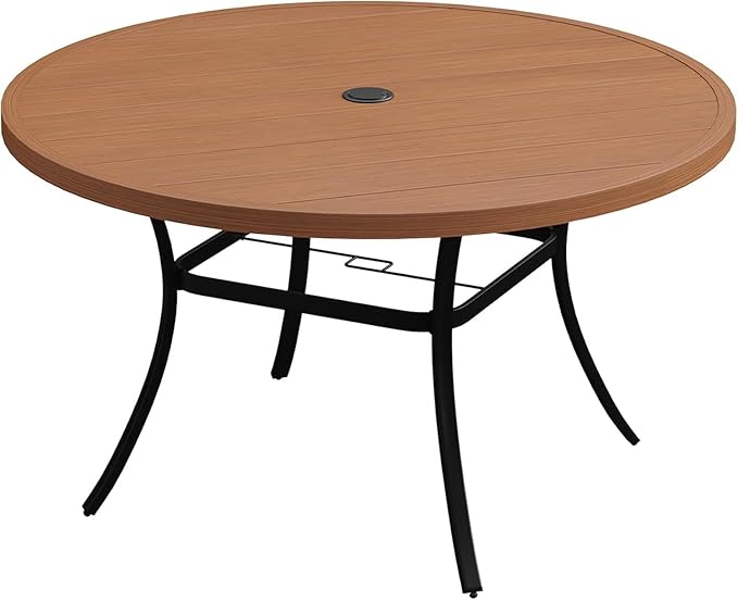 VICLLAX 50" Outdoor Round Patio Dining Table for 4-6, All Weather Metal Dining Table with Umbrella Hole for Deck Lawn Garden Backyard, Walnut