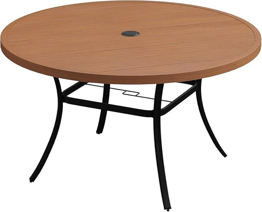VICLLAX 50" Outdoor Round Patio Dining Table for 4-6, All Weather Metal Dining Table with Umbrella Hole for Deck Lawn Garden Backyard, Walnut