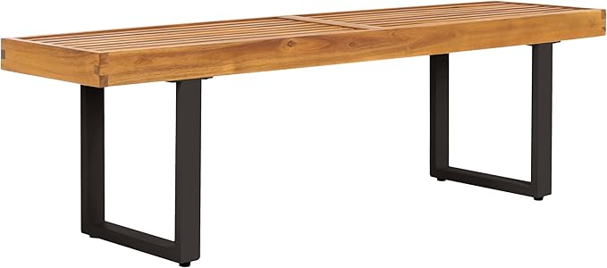SAFAVIEH Outdoor Collection Monti Natural/Black Iron Legs Solid Wood Slatted Bench