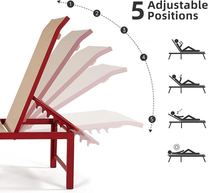 Lounge Chair Outdoor Set of 2, Foldable & Assembly Free Aluminum Chaise Lounge Chair with 5-Position Recliner, Pool Lounge Chairs for Outside Poolside Beach Lawn (Red)