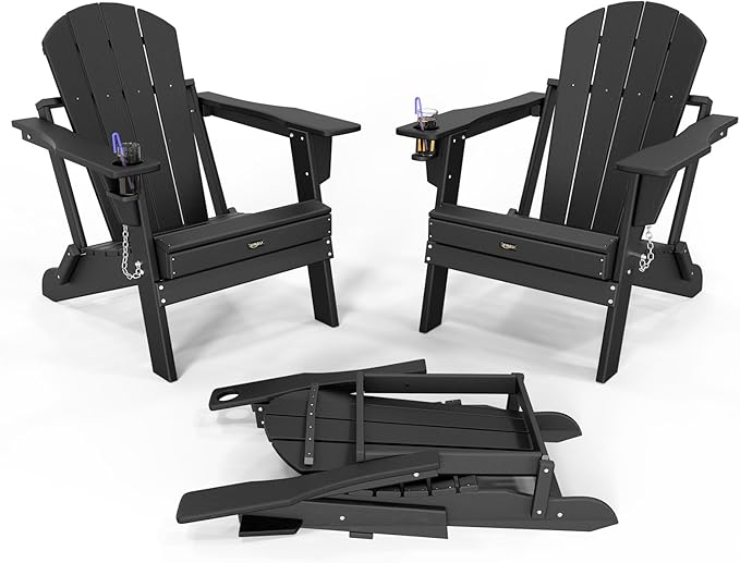 VINGLI Plastic Adirondack Chairs Set of 2, Folding with Cup Holder, Waterproof HDPE Material, Comfortable 380lb Weight Capacity for Outdoor Pool Patio Lounge Chair Lawn Furniture Firepit (Black)
