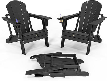 VINGLI Plastic Adirondack Chairs Set of 2, Folding with Cup Holder, Waterproof HDPE Material, Comfortable 380lb Weight Capacity for Outdoor Pool Patio Lounge Chair Lawn Furniture Firepit (Black)