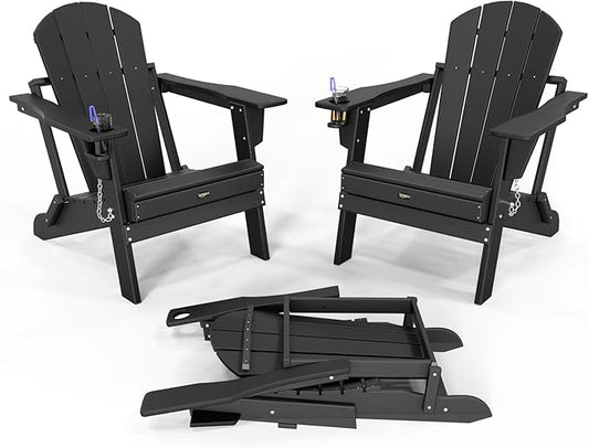 VINGLI Plastic Adirondack Chairs Set of 2, Folding with Cup Holder, Waterproof HDPE Material, Comfortable 380lb Weight Capacity for Outdoor Pool Patio Lounge Chair Lawn Furniture Firepit (Black)