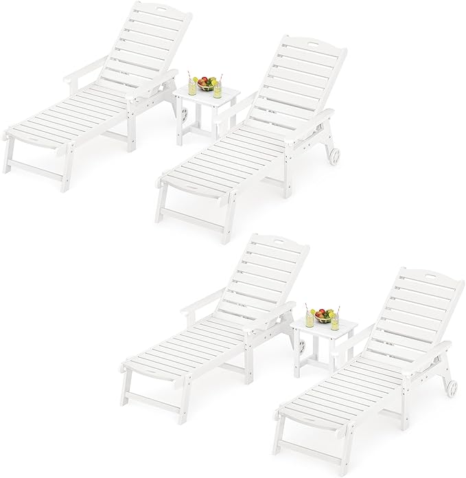 LUE BONA Outdoor Lounge Chair Set with Table, 6-Piece, HDPS Chaise Lounge Outdoor with Wheels, 5 Positions Adjustable Pool Lounger Chairs for Outside, Patio, White
