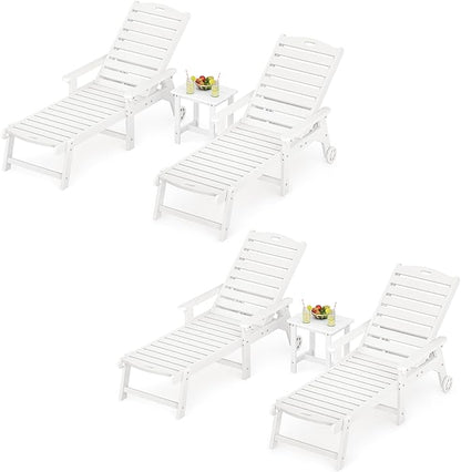 LUE BONA Outdoor Lounge Chair Set with Table, 6-Piece, HDPS Chaise Lounge Outdoor with Wheels, 5 Positions Adjustable Pool Lounger Chairs for Outside, Patio, White