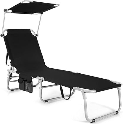 Goplus Tanning Chair, Foldable Beach Lounge Chair with 360°Canopy Sun Shade, Side Pocket, 5-Position Adjustable Outdoor Chaise Lounge Chair for Patio Pool Yard Lawn (1, Black)