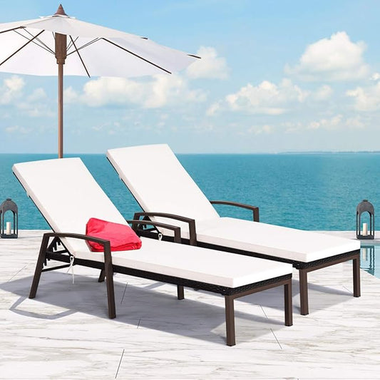Tangkula Set of 2 Patio Rattan Chaise Lounge Chair, Outdoor Reclining Chaise with Cushion and Armrest, 2 Cushion Cover Sets, Wicker Sun Lounger with Adjustable Backrest for Garden (Turquoise & White)
