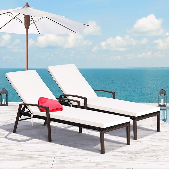Tangkula 2 PCS Patio Rattan Chaise Lounge Chair, Outdoor Reclining Chaise with Cushion and Armrest, Wicker Sun Lounger with Adjustable Backrest for Garden, Balcony