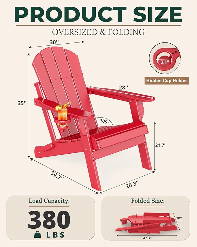 BRIOPAWS Folding-Adirondack-Chairs Set of 4 | HDPE | Fire Pit Chair | Cup Holder | Weather Resistance | Red | for Outdoor Backyard Deck Patio