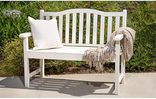 Pemberly Row Traditional Cedar Wood Adirondack Bench, 43 in Seating, White Finish, Moisture-Resistant Outdoor Patio or Porch Furniture, Arched Back Design, Durable Kiln-Dried Construction