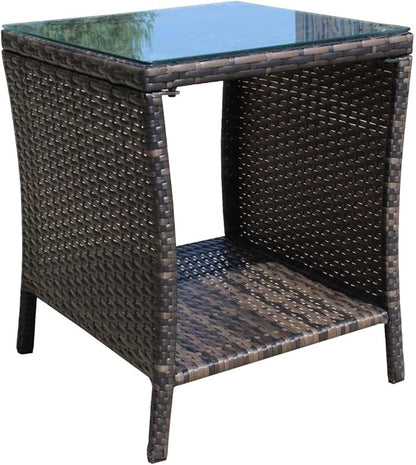 Rattan Side Table with Glass Top, Outdoor Wicker End Table for Patio, Porch, Garden, 19.25" Square, 21" Tall, 120 Lbs Capacity, Weather-Resistant PE Rattan, Easy Assembly