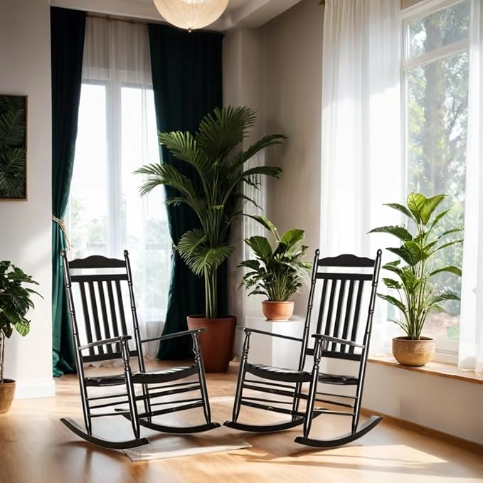 Outdoor Patio Rocking Chairs Set of 2 Porch Wooden Comfy Rockers for Adult Furniture Indoor Outside Camping Balcony Garden Backyard Lawn and Bistro, Black