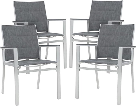 Kozyard Villa Outdoor Patio Dining Chairs Set of 4, Aluminum Frame with Padded Textilene Fabric, Breathable Quick-Dry Sling Chairs for Backyard, Porch, Poolside (White/Gray)