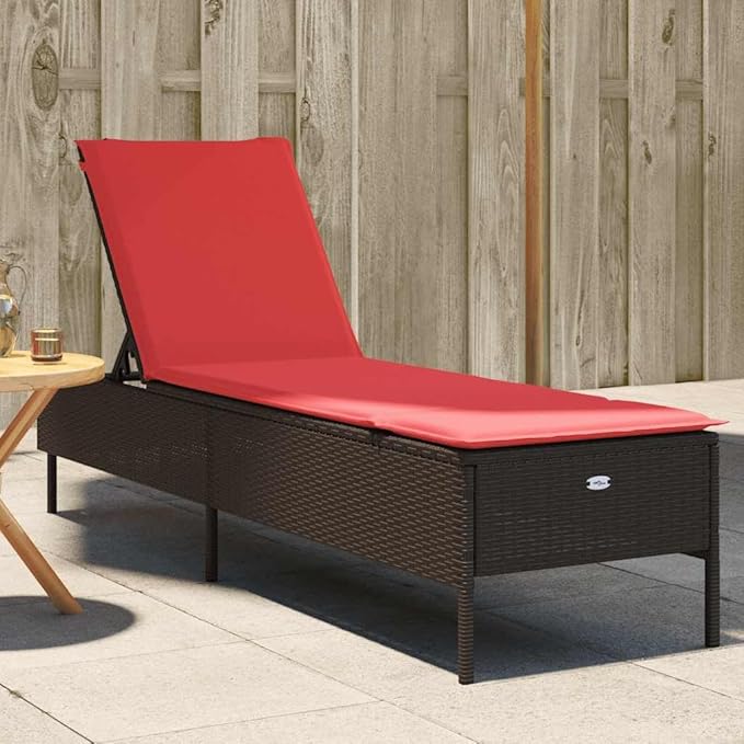 Patio Chaise Lounge Brown/Red PE Rattan, Steel Frame, 5-Angle Adjustable, 21.7"x78"x38.2" - Photo 1