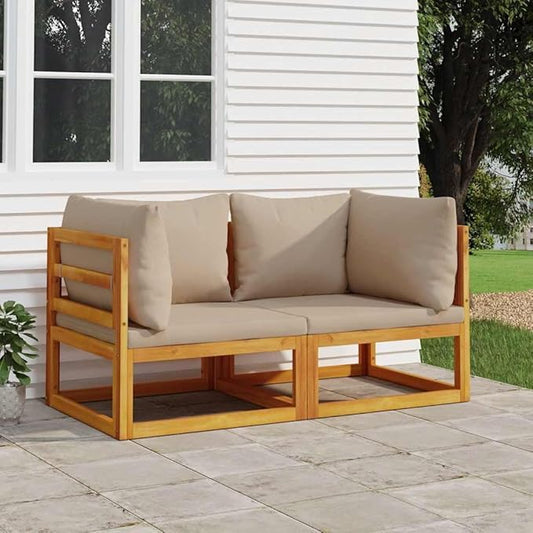 Corner Sofa Taupe Outdoor Sectional Sofa Units, Modular Acacia Wood Seating Set for Garden, Patio, Balcony, 4-Person Capacity