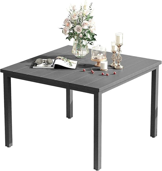 VICLLAX 40.2" Square Patio Table for 4, Outdoor Dining Table with Umbrella Hole, All Weather Metal Patio Table for Lawn Garden, Grey Tabletop