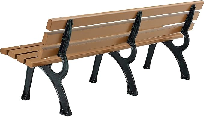 Global Industrial 6'L Outdoor Park Bench with Backrest, Recylced Plastic Slats, Wrought Iron Frame, 1985 lbs Capacity, Tan, Surface Mount, Easy Assembly