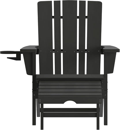 Taylor & Logan Hedley Adirondack Chair with Cup Holder and Pull Out Ottoman, All-Weather HDPE Indoor/Outdoor Lounge Chair in Black, Set of 2