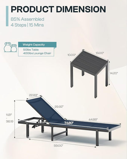 Lounge Chair Outdoor with Wheels, Aluminum Patio Chaise Lounge Chair with 5 Adjustable Backrest - Easy to Move- Pool Lounge Chairs for Deck, Beach, Poolside (NavyBlue)