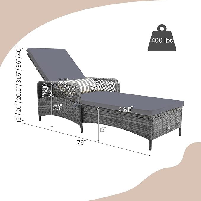 Tangkula Wicker Chaise Lounge Outdoor, Patio Rattan Reclining Chaise with 6-Gear Adjustable Backrest - Photo 3
