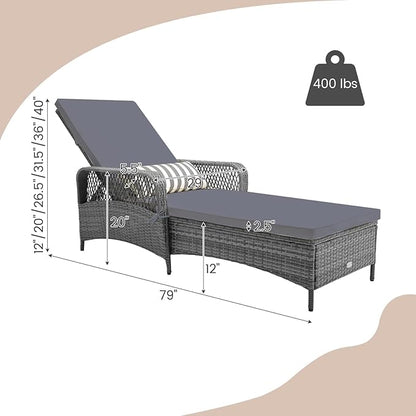 Tangkula Wicker Chaise Lounge Outdoor, Patio Rattan Reclining Chaise with 6-Gear Adjustable Backrest, Thick Padded Cushion & Removable Lumbar Pillow, Pool Lounge Chairs (1, Mix Grey + Grey)