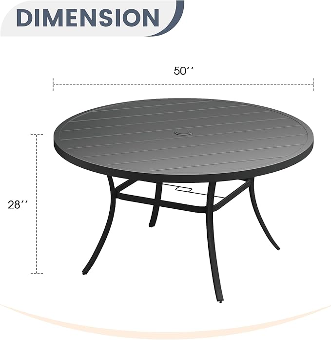 Patio Dining Table for 6-8, Round Metal Outdoor Table with 1.57" Umbrella Hole, 50" Outdoor Slat Tabletop Dining Table for Backyard, Porch, Lawn, Black