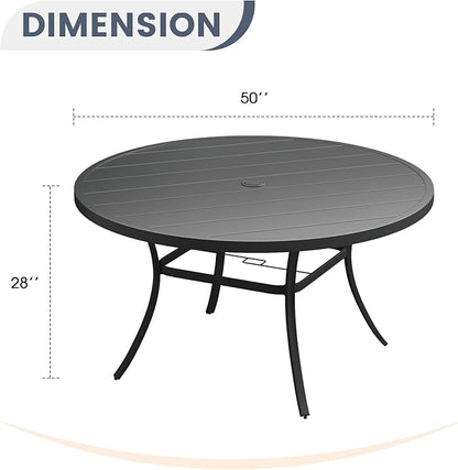 Patio Dining Table for 6-8, Round Metal Outdoor Table with 1.57" Umbrella Hole, 50" Outdoor Slat Tabletop Dining Table for Backyard, Porch, Lawn, Black