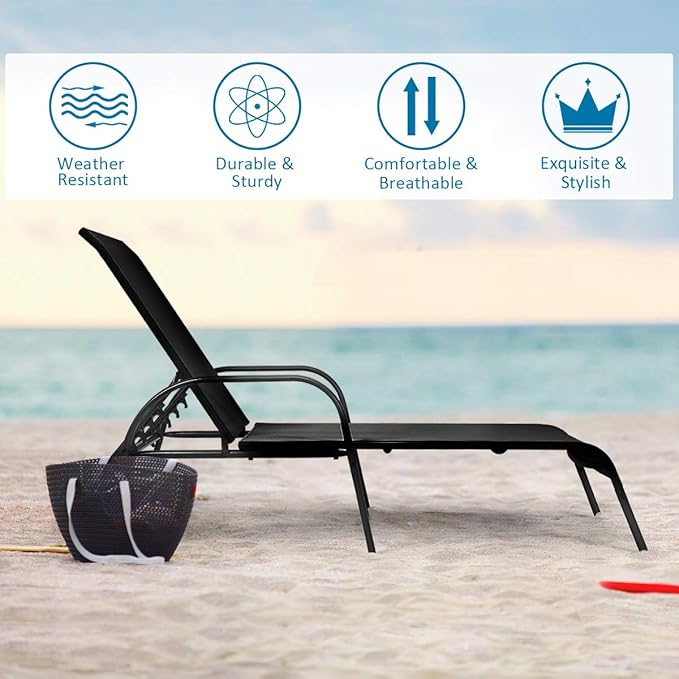 COSTWAY Outdoor Lounge Chairs Set of 2, Patio Chaise Lounge Recliner with Heavy Duty Steel Frame, 5-Position Adjustable Backrest for Deck, Beach, Pool (2, Black)