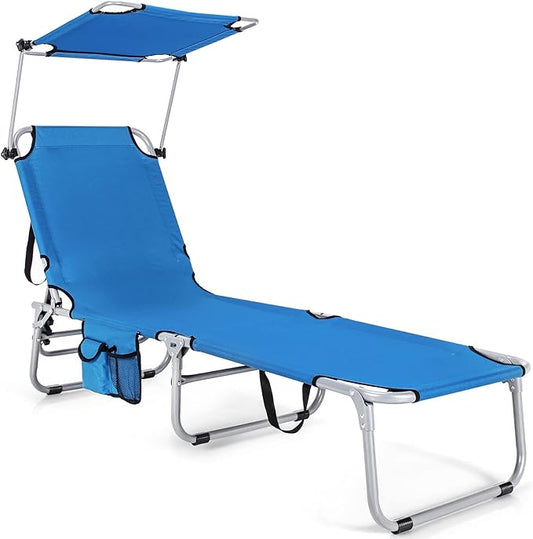 COSTWAY Beach Lounge Chair, Foldable Chaise Lounge with Canopy, Adjustable Backrest & Side Pocket, Tanning Chair for Seaside, Pool, Patio (Navy)