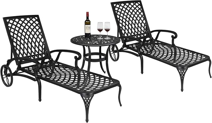 Outvita Outdoor Chaise Lounge Chairs Set of 2, Pool Cast Aluminum Recliner Table Set with 3-Position Adjustable Back