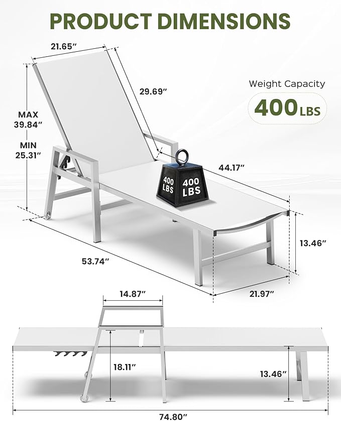 Patio Chaise Lounge Outdoor with Wheels&Armrests, Aluminum Pool Lounge Chairs 5-Position Adjustable Recliner, Sun Beach Lounge Chairs for Poolside, Patio, Deck, Yard, White