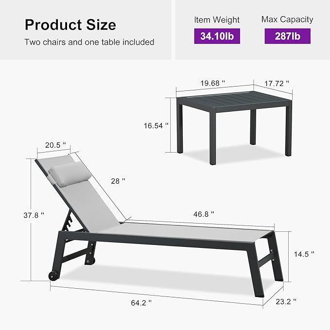 PURPLE LEAF Outdoor Lounge Chair Set of 3 Patio Chaise Pool Lounger Aluminum Frame with Side Table and Wheels for - Photo 2