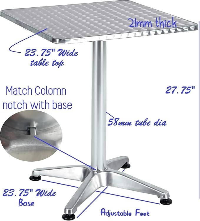 BTEXPERT Indoor Outdoor 23.75" Square Restaurant Table for Patio Stainless Steel Silver Aluminum Furniture with Base - Photo 4