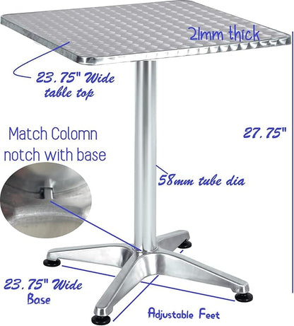 BTEXPERT Set of 2, Indoor Outdoor 23.75" Square Restaurant Table for Patio Stainless Steel Silver Aluminum Furniture with Base