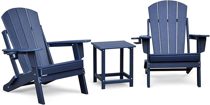Outdoor Furniture 3 Piece Folding Adirondack Chairs Set of 2 and Patio Table,Plastic Patio Firepit Chair with Cup Holder& High Backrest, Adirondack Chair for Outdoor, Patio, Garden, Beach(Navy Blue-3)