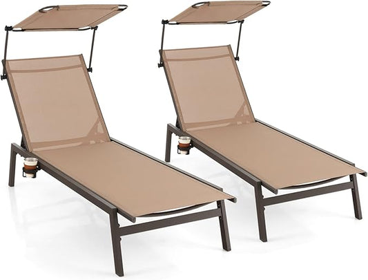 Tangkula 2 Pieces Patio Chaise Lounge Chair, Outdoor Recliner with Adjustable Canopy & Cup Holder, 6-Level Backrest, Heavy-Duty Metal Reclining Lounger for Poolside, Backyard (Brown)