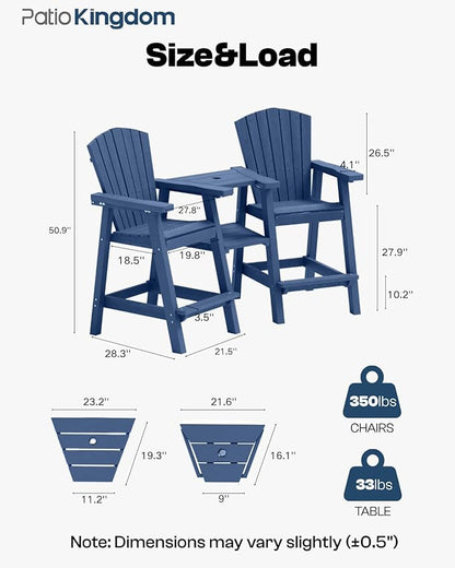 Tall Adirondack Chairs Set of 2 with Removable Tray, HDPE Bar Height Adirondack Bar Stools, High Back Patio Chairs for Balcony, Deck, Lawn, Backyard, All-Weather Outdoor Furniture, Navy Blue