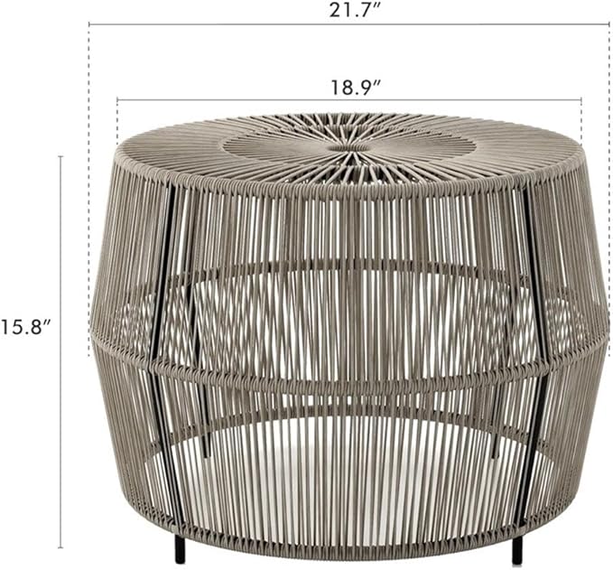 Round Outdoor Coffee Table, PE Wicker and Metal Frame, Weatherproof Gray Finish, 21.7 in Diameter - Photo 3
