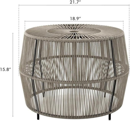 Round Outdoor Coffee Table, PE Wicker and Metal Frame, Weatherproof Gray Finish, 21.7 in Diameter, Coastal Style Patio or Garden Furniture, Lightweight and Easy to Clean