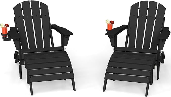 4-Piece Adirondack Chair with Footrest,Folding Adirondack Chair with Retractable Ottoman Set,HDPE All Weather Fire Pit Chair with Cup Holder(Black, 2 Chair & 2 footrest)