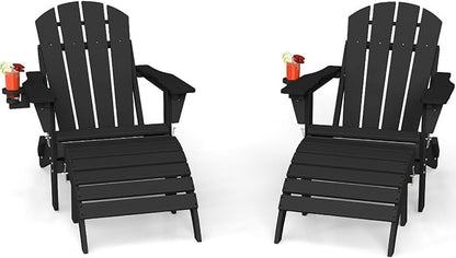 4-Piece Adirondack Chair with Footrest,Folding Adirondack Chair with Retractable Ottoman Set,HDPE All Weather Fire Pit Chair with Cup Holder(Black, 2 Chair & 2 footrest)