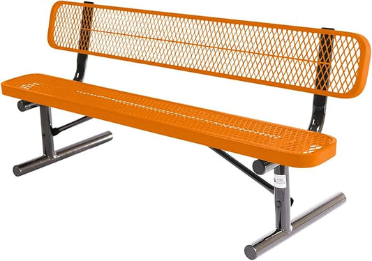 COATEDOUTDOORFURNITURE Coated Outdoor Furniture Heavy-Duty Portable Outdoor Bench Thermoplastic Coated, Expanded Metal, Commercial-Grade Seating, Made in America (Portable with Back, 6 Ft, Orange)