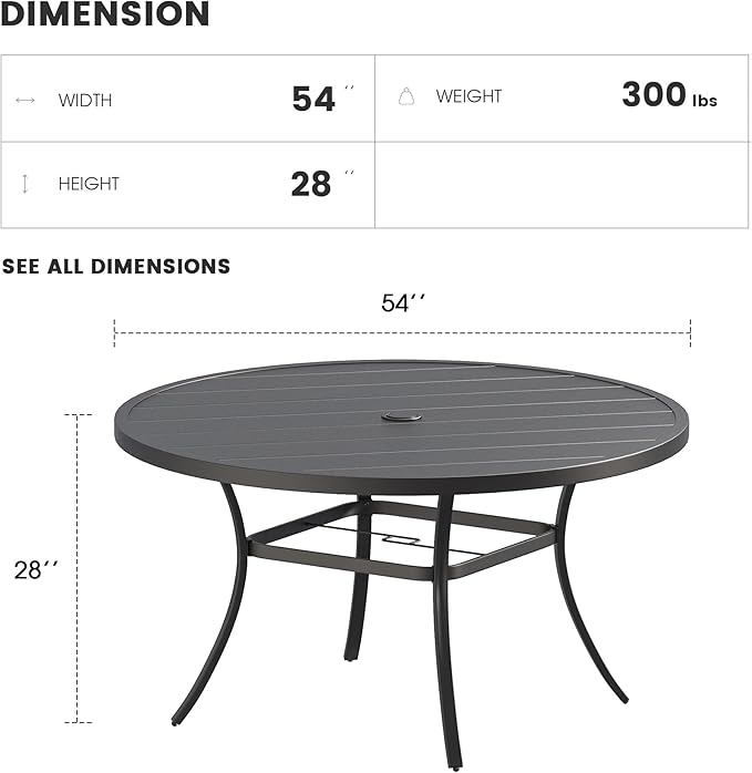 Patio Dining Table for 6-8, Round Metal Outdoor Table with 1.57" Umbrella Hole, 53" Outdoor Slat Tabletop Dining Table for Backyard, Porch, Lawn, Black