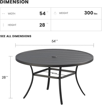 Patio Dining Table for 6-8, Round Metal Outdoor Table with 1.57" Umbrella Hole, 53" Outdoor Slat Tabletop Dining Table for Backyard, Porch, Lawn, Black