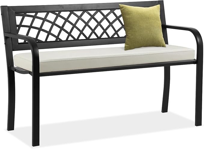 BSTOPHKL Outdoor Bench,Patio Garden Benches,Metal Weatherproof Porch Bench with Grid-Patterned Backrest and Armrest for Park Courtyard Porch,Bearing Capacity 480lbs,Black