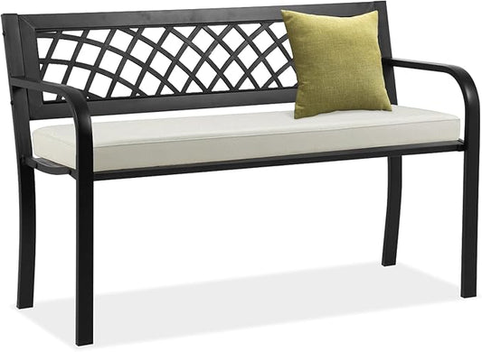 BSTOPHKL Outdoor Bench,Patio Garden Benches,Metal Weatherproof Porch Bench with Grid-Patterned Backrest and Armrest for Park Courtyard Porch,Bearing Capacity 480lbs,Black